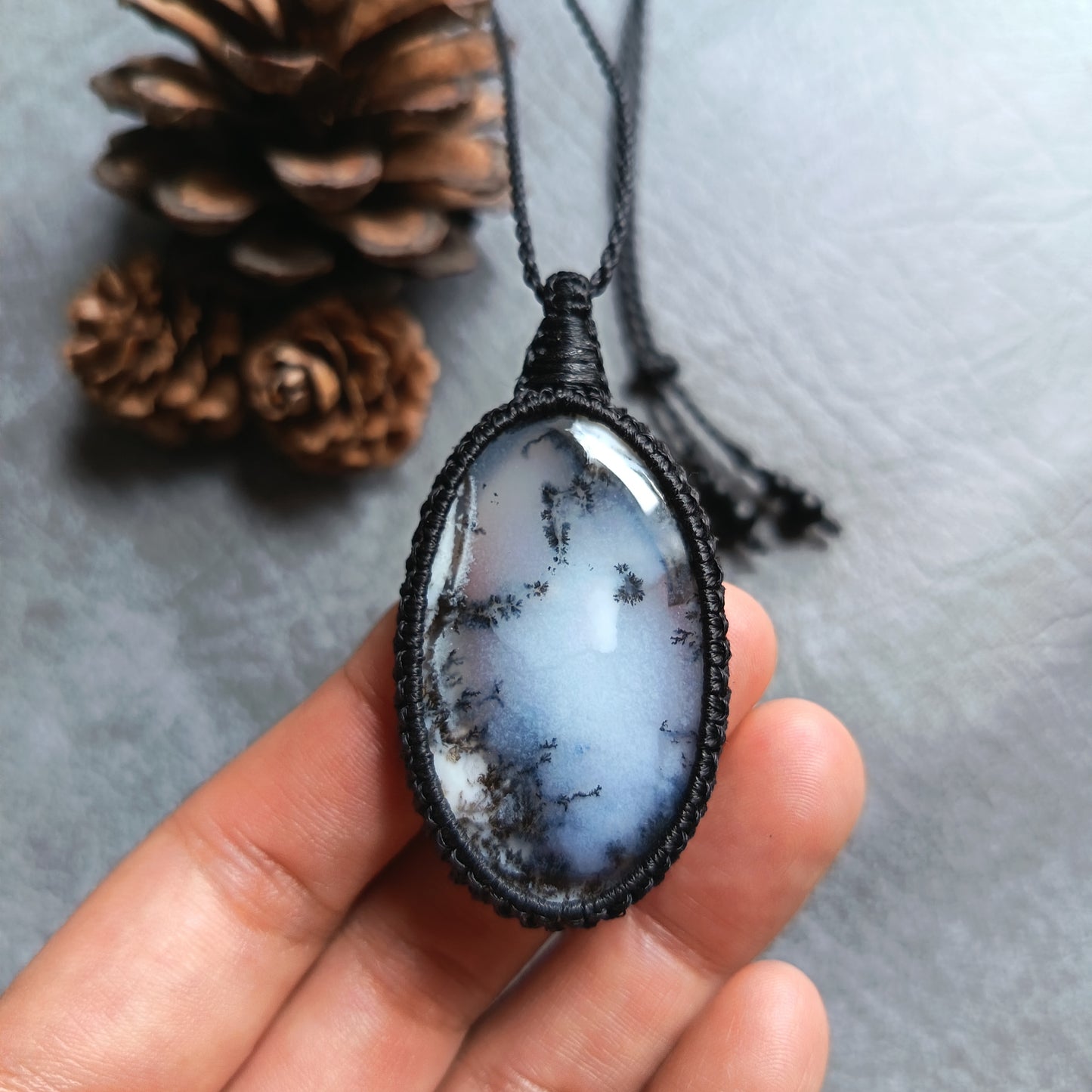 Dendritic Opal Macrame Necklace | Pendant size approx 5.8 cm