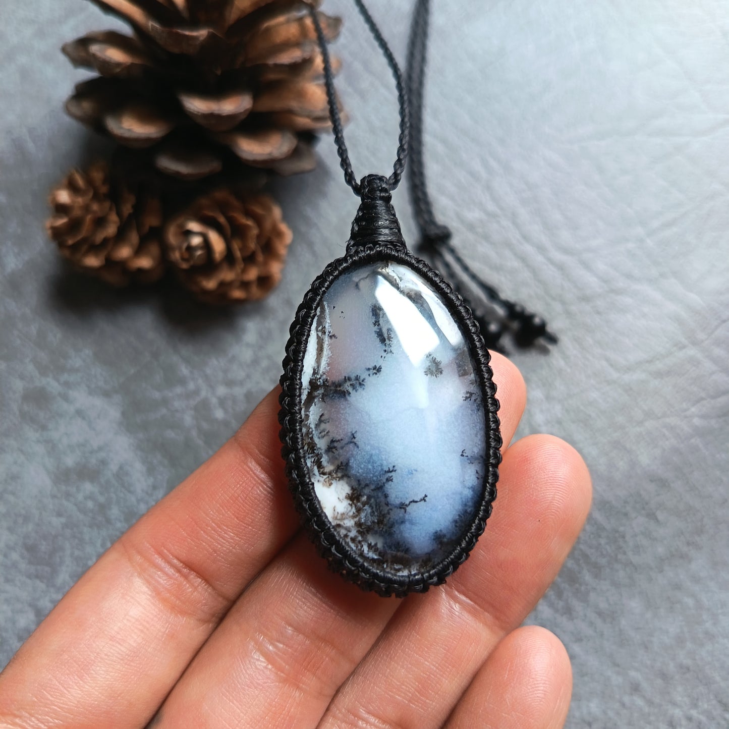 Dendritic Opal Macrame Necklace | Pendant size approx 5.8 cm