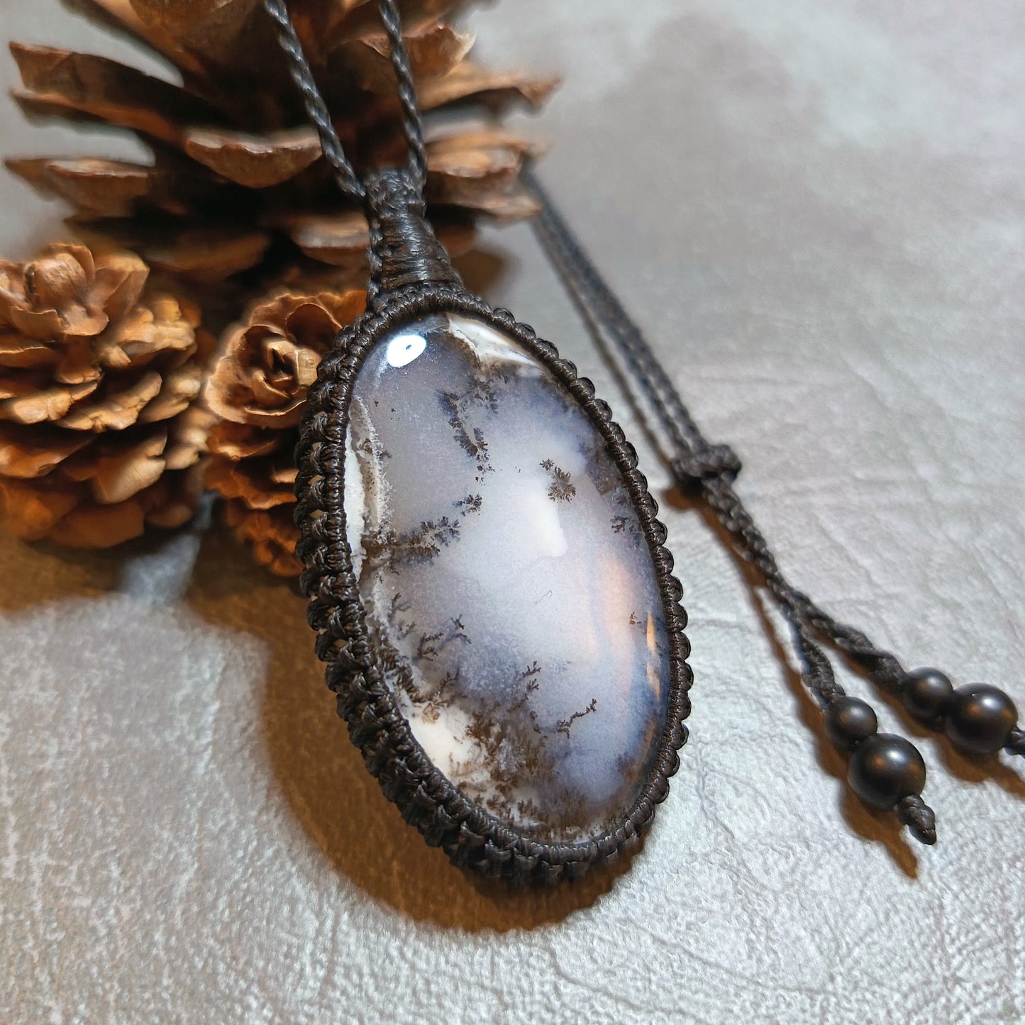 Dendritic Opal Macrame Necklace | Pendant size approx 5.8 cm