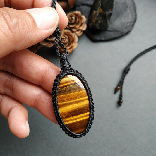 Yellow Tiger's Eye  Macrame Necklace | Pendant size approx 5 cm