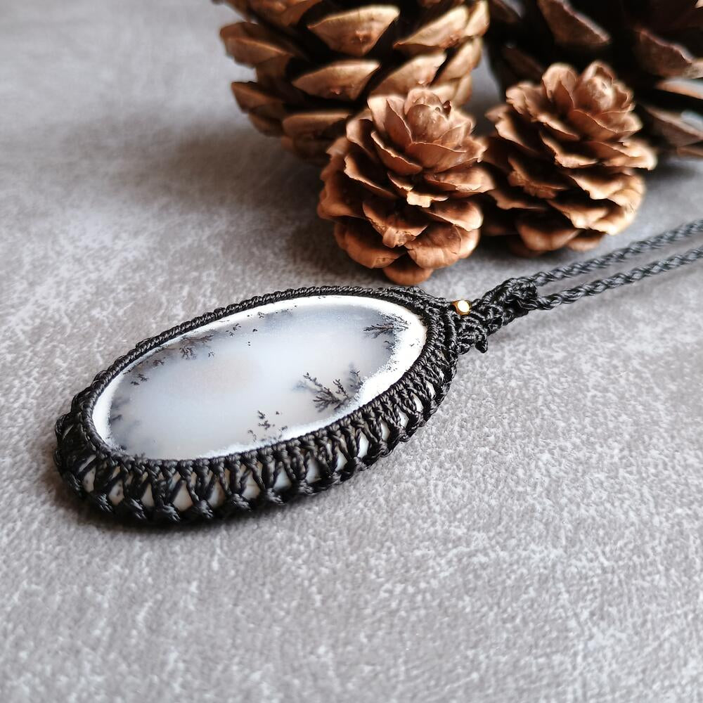 Dendritic Opal Macrame Necklace | Pendant size approx 6.1 cm - SOLD