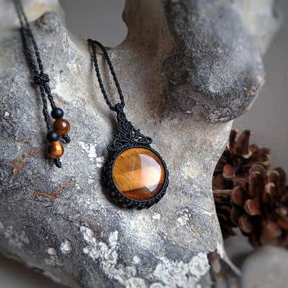 Yellow Tiger's Eye Macrame Necklace | Pendant size approx 4.3 cm