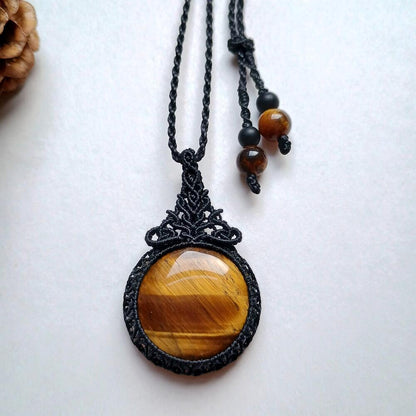 Yellow Tiger's Eye Macrame Necklace | Pendant size approx 4.3 cm