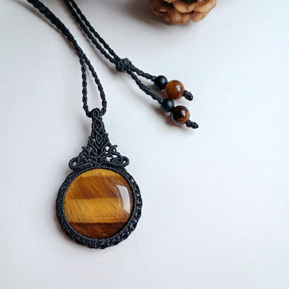 Yellow Tiger's Eye Macrame Necklace | Pendant size approx 4.3 cm