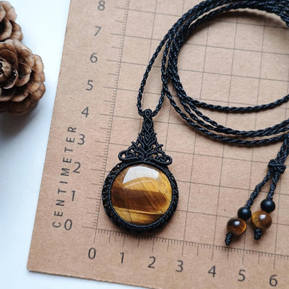 Yellow Tiger's Eye Macrame Necklace | Pendant size approx 4.3 cm