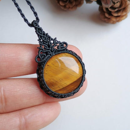 Yellow Tiger's Eye Macrame Necklace | Pendant size approx 4.3 cm
