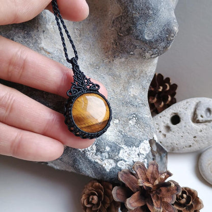 Yellow Tiger's Eye Macrame Necklace | Pendant size approx 4.3 cm