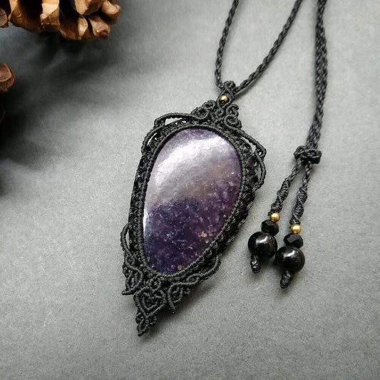 Purple Lepidolite Macrame Necklace | Pendant size approx 6.3 cm