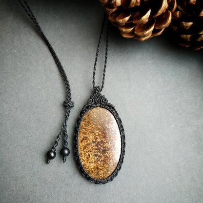 Bronzite Macrame Necklace | Pendant size approx 6.4 cm