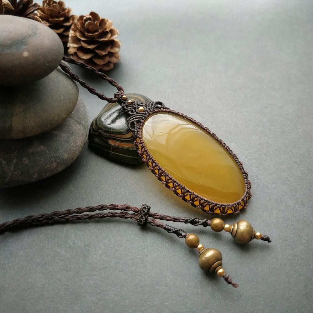 Yellow Chalcedony Macrame Necklace | Pendant size approx 6.5 cm