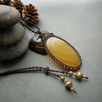 Yellow Chalcedony Macrame Necklace | Pendant size approx 6.5 cm