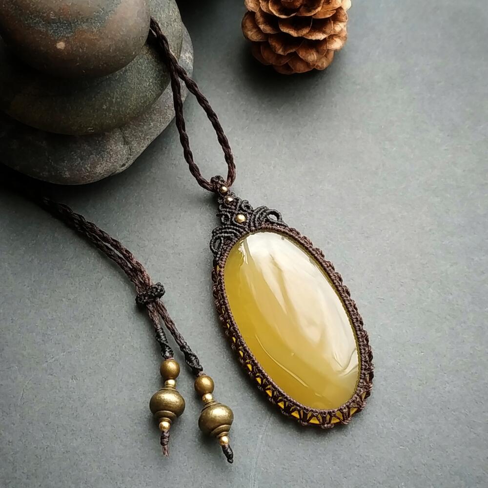 Yellow Chalcedony Macrame Necklace | Pendant size approx 6.5 cm