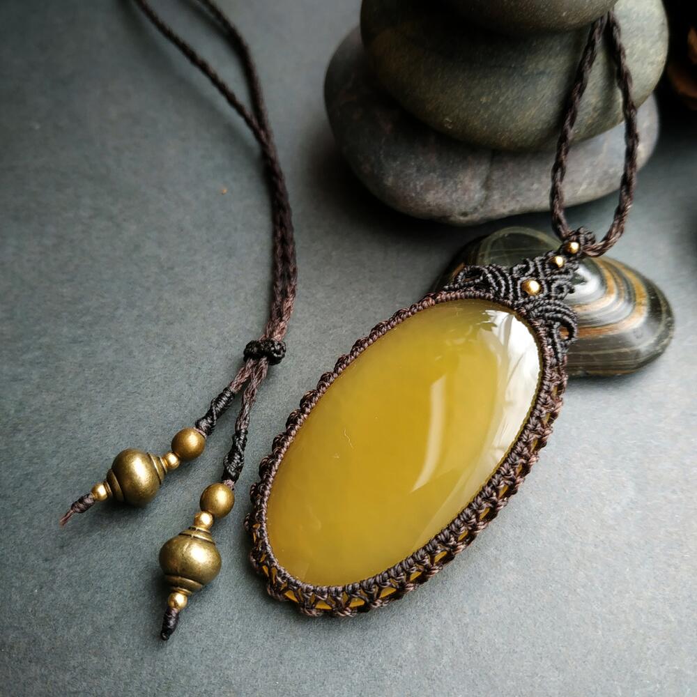 Yellow Chalcedony Macrame Necklace | Pendant size approx 6.5 cm