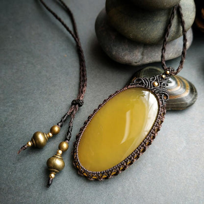 Yellow Chalcedony Macrame Necklace | Pendant size approx 6.5 cm