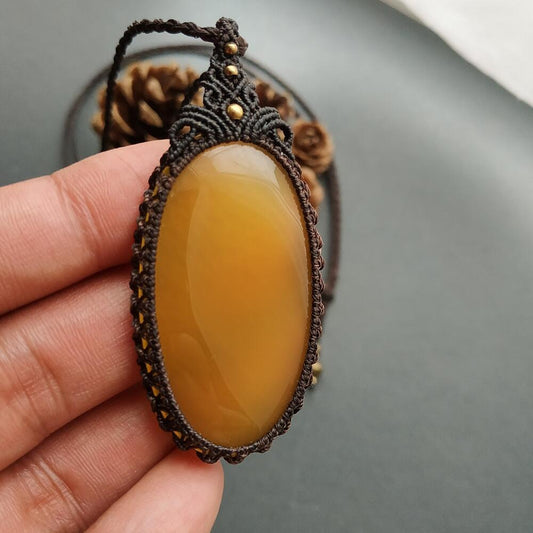 Yellow Chalcedony Macrame Necklace | Pendant size approx 6.5 cm