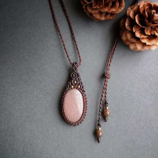 Peach Moonstone Macrame Necklace  | Pendant size approx 3.7 cm