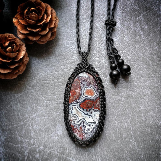 Crazy Lace Agate Macrame Necklace | Pendant size approx 5.3 cm