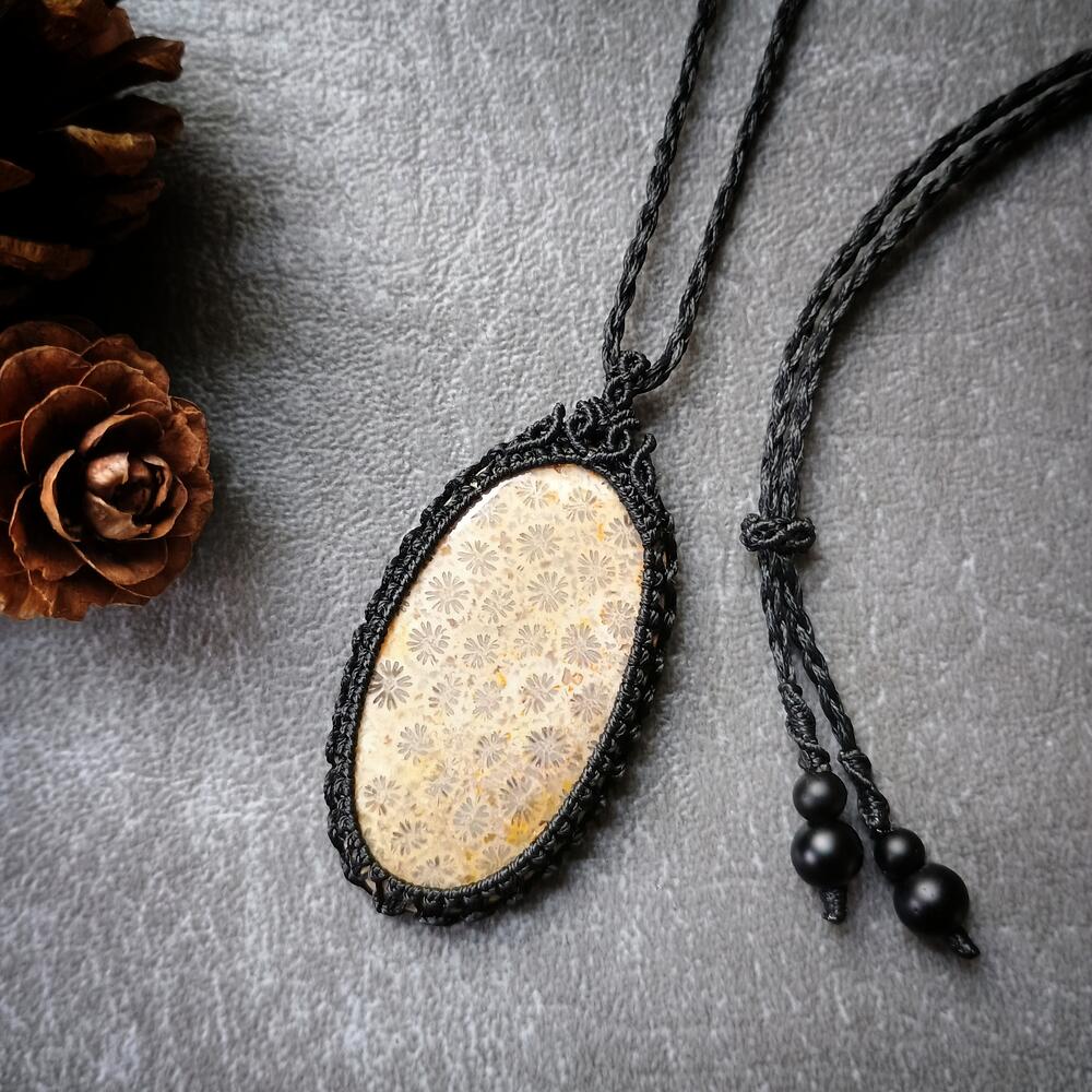 Fossil Coral Macrame Necklace | Pendant size approx 5.3 cm