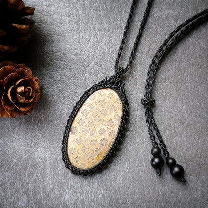 Fossil Coral Macrame Necklace | Pendant size approx 5.3 cm