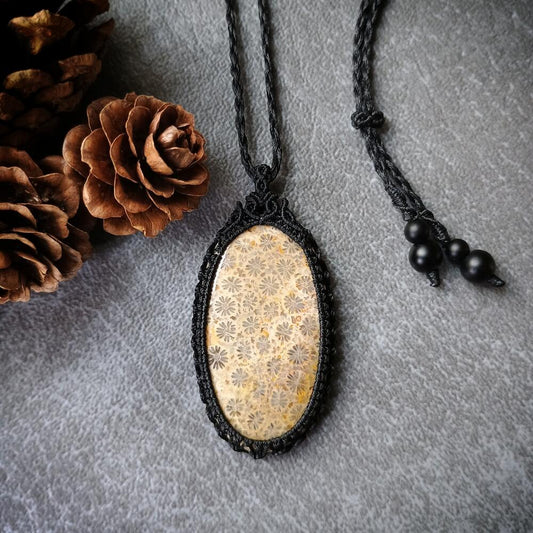 Fossil Coral Macrame Necklace | Pendant size approx 5.3 cm