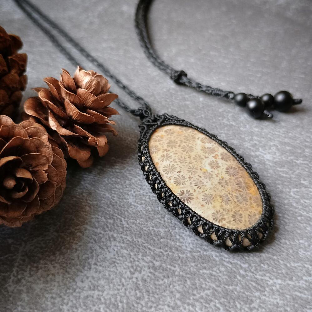 Fossil Coral Macrame Necklace | Pendant size approx 5.3 cm