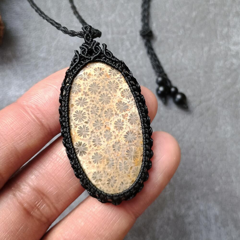 Fossil Coral Macrame Necklace | Pendant size approx 5.3 cm
