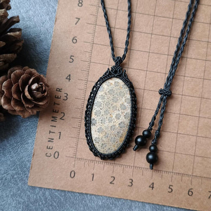 Fossil Coral Macrame Necklace | Pendant size approx 5.3 cm