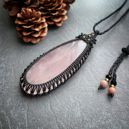 Rose Quartz Macrame Necklace | Pendant size approx 7.5 cm