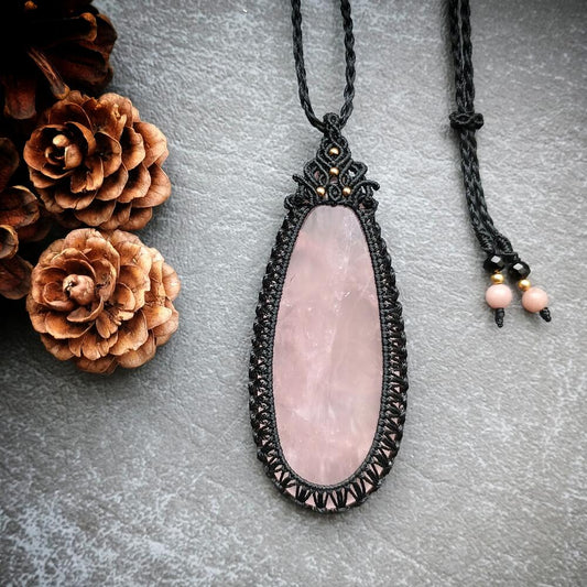 Rose Quartz Macrame Necklace | Pendant size approx 7.5 cm
