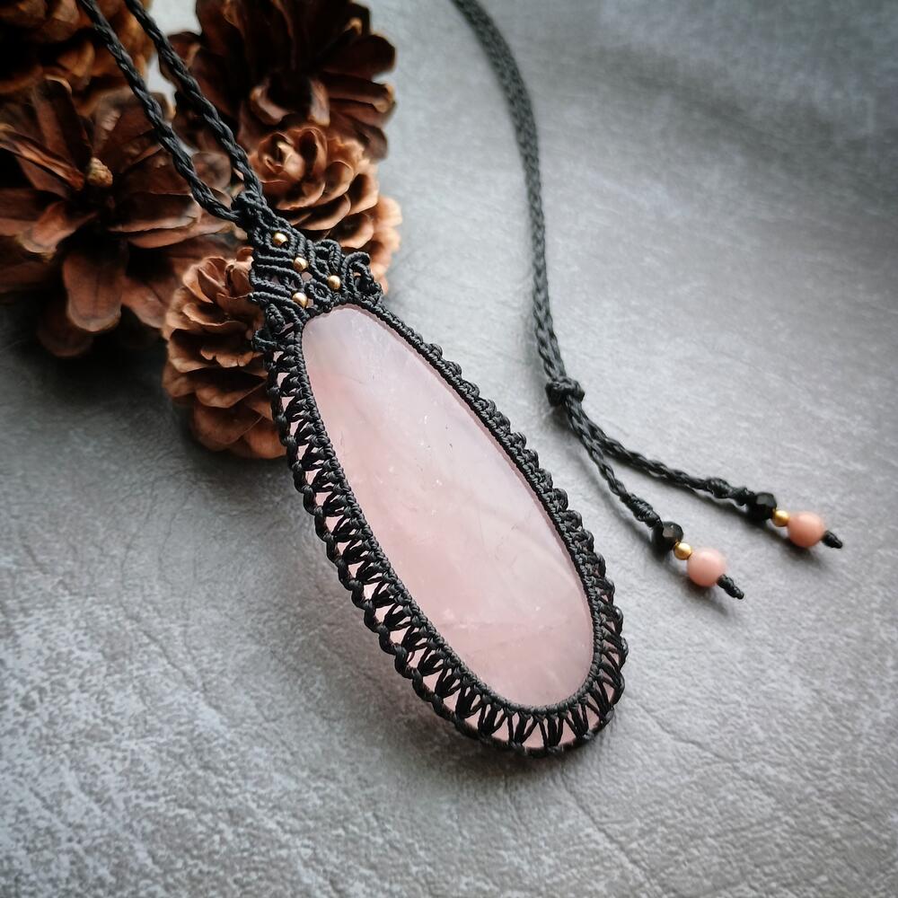 Rose Quartz Macrame Necklace | Pendant size approx 7.5 cm