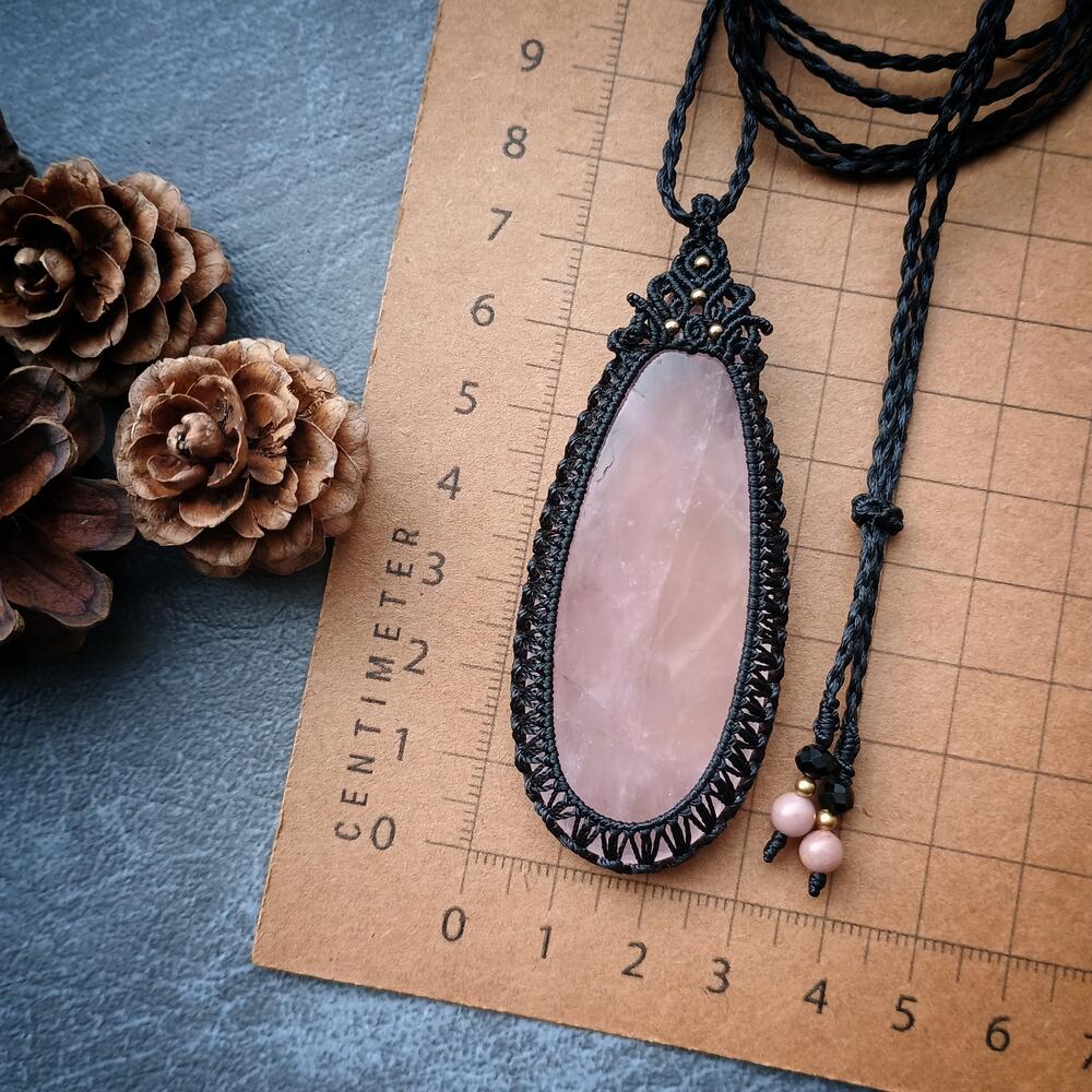Rose Quartz Macrame Necklace | Pendant size approx 7.5 cm