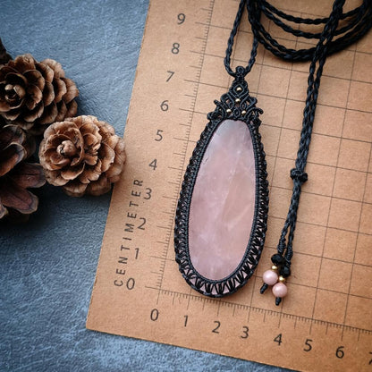 Rose Quartz Macrame Necklace | Pendant size approx 7.5 cm