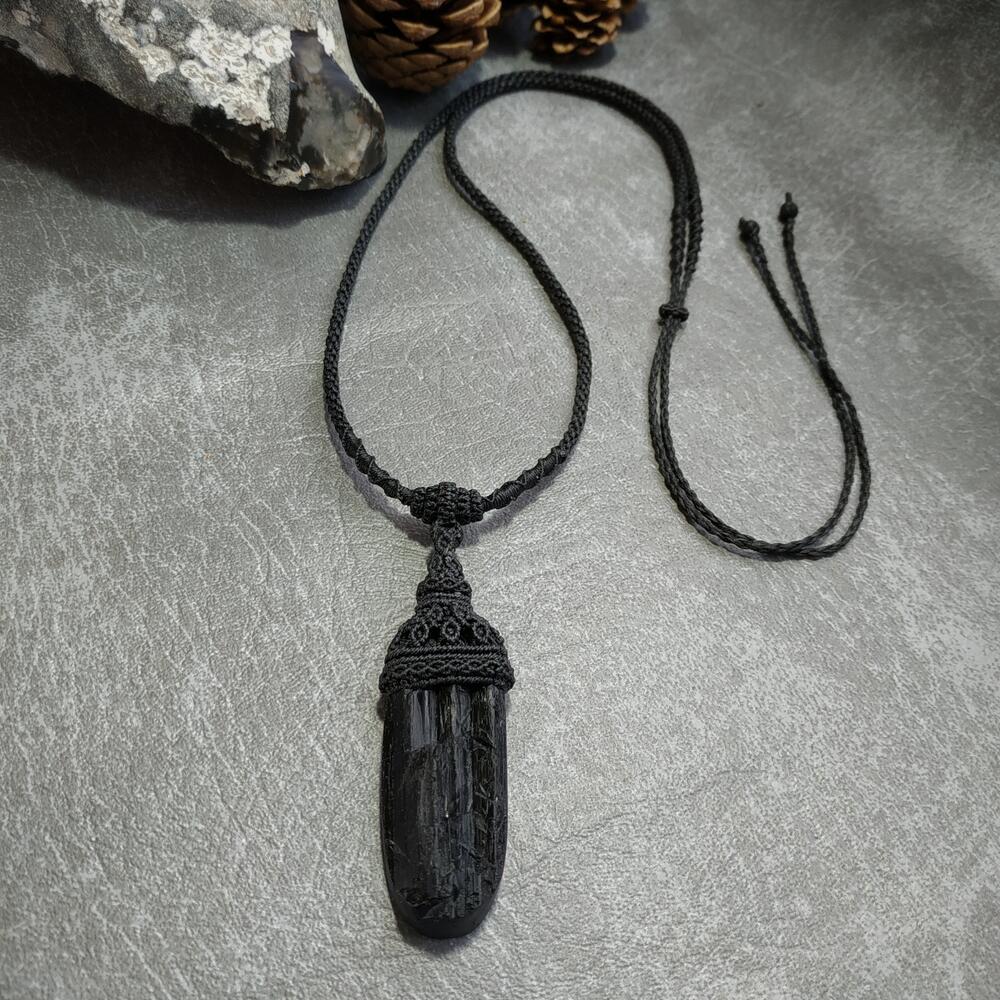 Black Tourmaline Macrame Necklace | Pendant size approx 6.8 cm