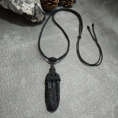 Black Tourmaline Macrame Necklace | Pendant size approx 6.8 cm