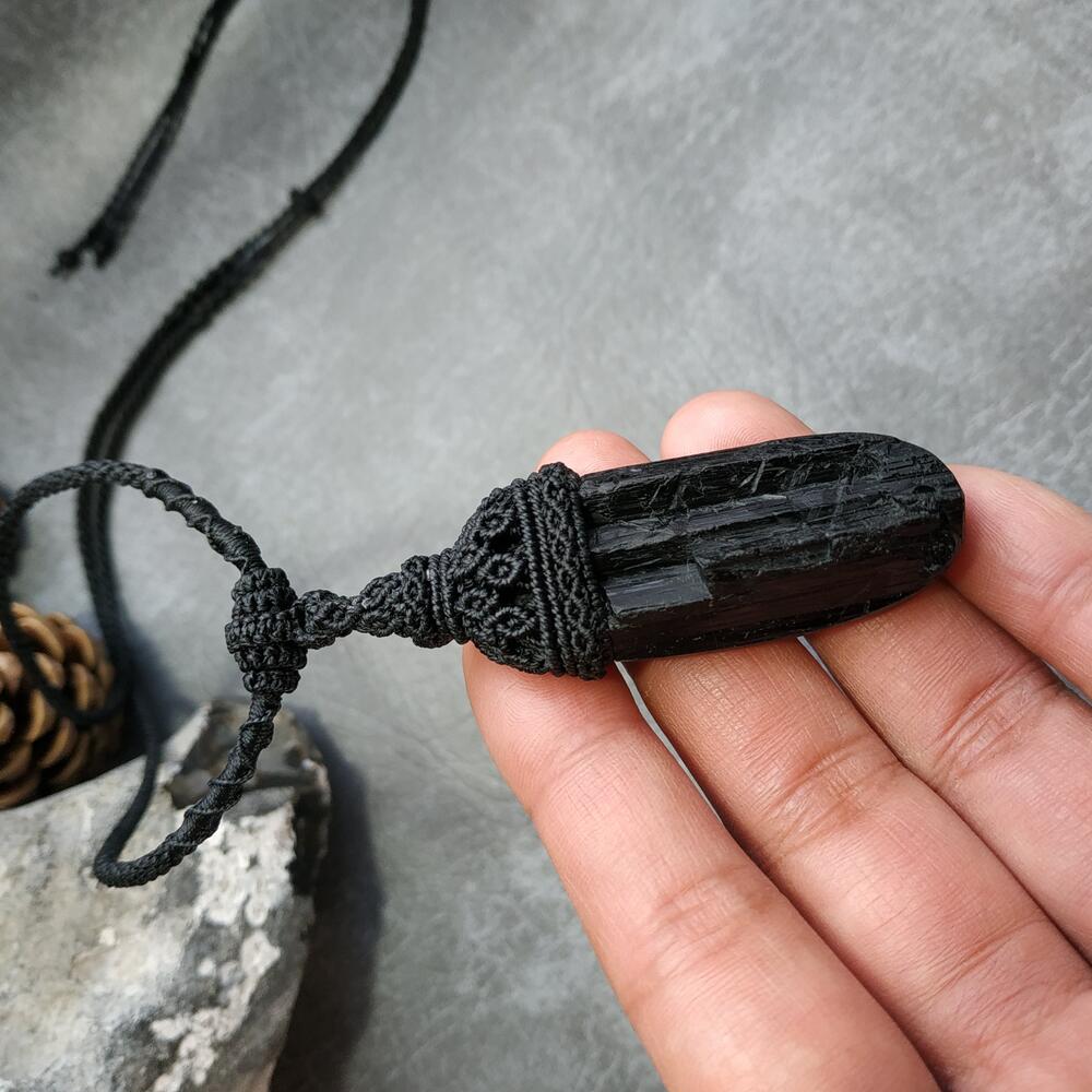 Black Tourmaline Macrame Necklace | Pendant size approx 6.8 cm