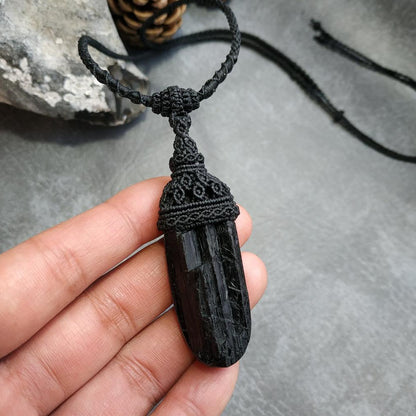 Black Tourmaline Macrame Necklace | Pendant size approx 6.8 cm