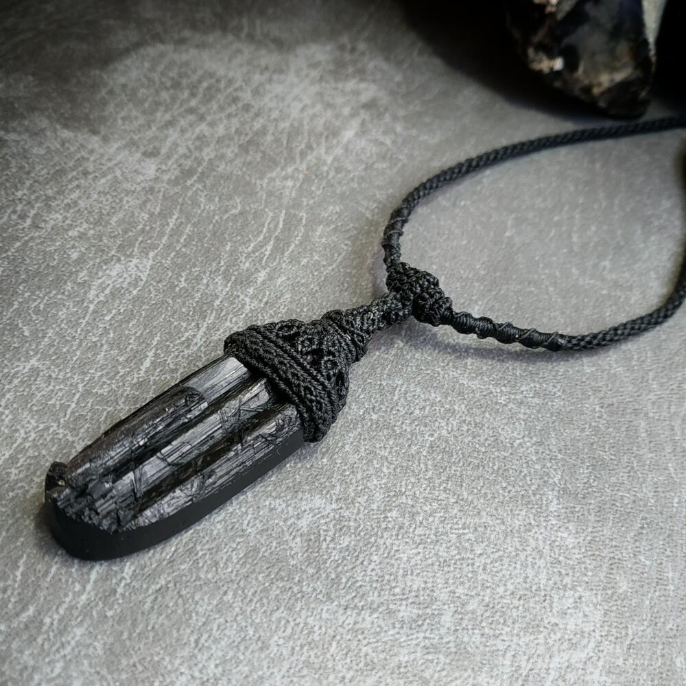 Black Tourmaline Macrame Necklace | Pendant size approx 6.8 cm