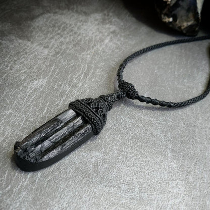 Black Tourmaline Macrame Necklace | Pendant size approx 6.8 cm