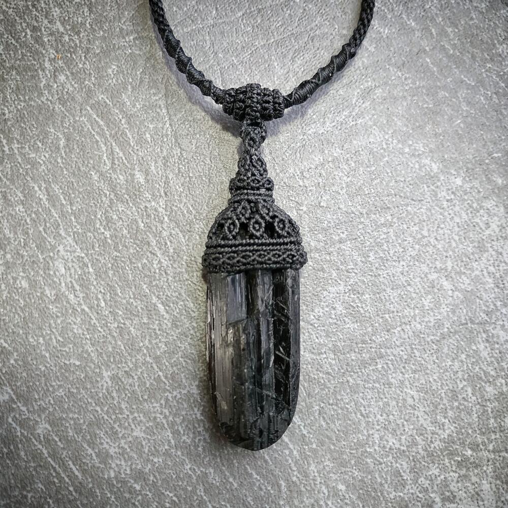 Black Tourmaline Macrame Necklace | Pendant size approx 6.8 cm