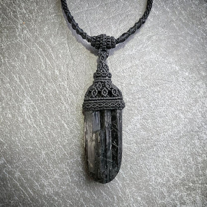 Black Tourmaline Macrame Necklace | Pendant size approx 6.8 cm