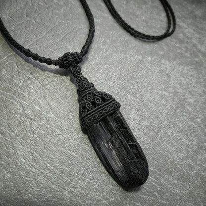 Black Tourmaline Macrame Necklace | Pendant size approx 6.8 cm