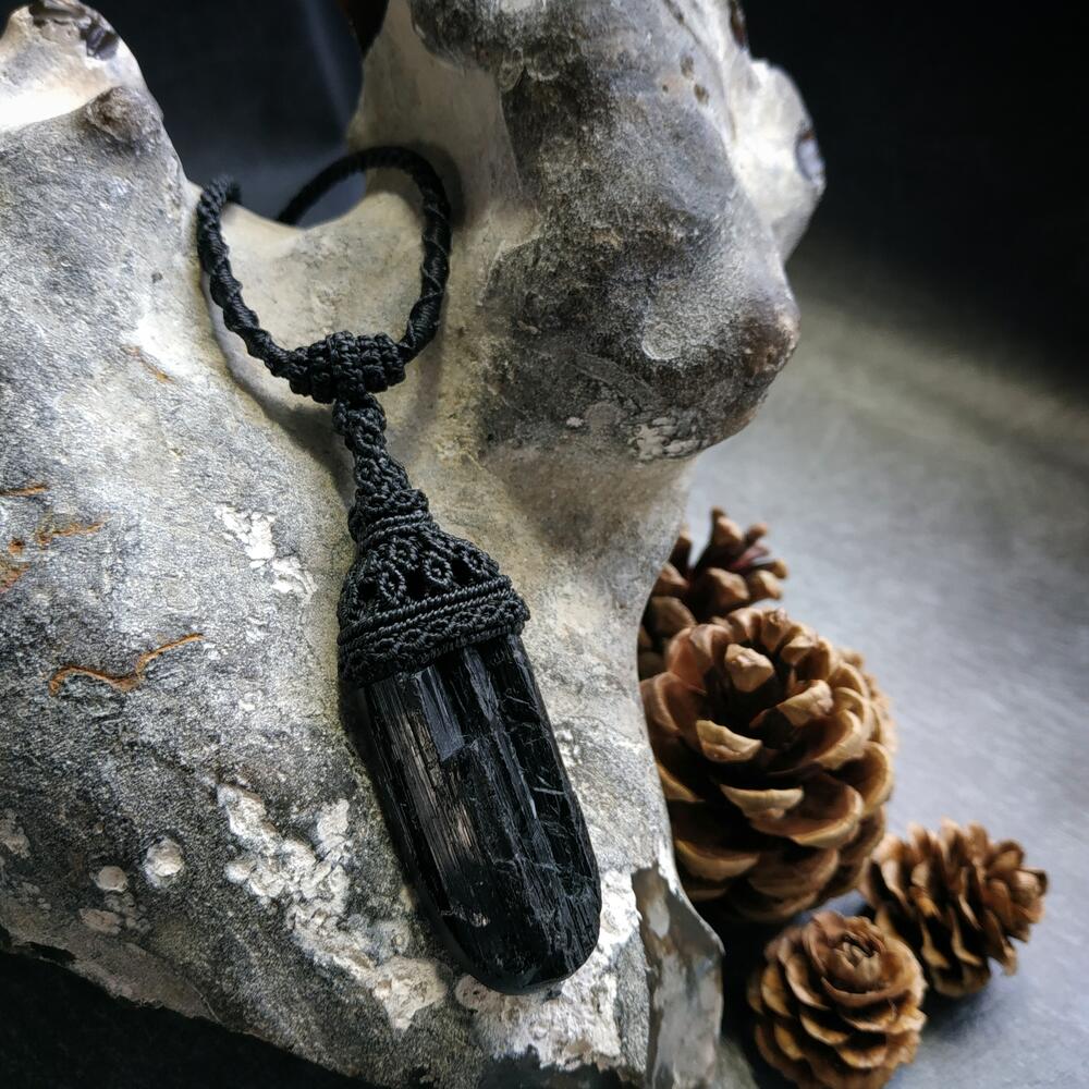 Black Tourmaline Macrame Necklace | Pendant size approx 6.8 cm