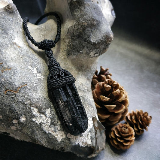 Black Tourmaline Macrame Necklace | Pendant size approx 6.8 cm