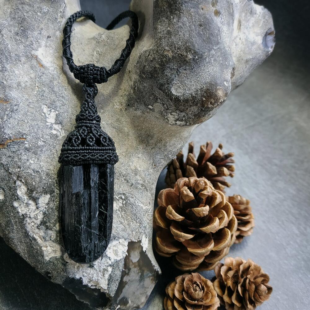 Black Tourmaline Macrame Necklace | Pendant size approx 6.8 cm