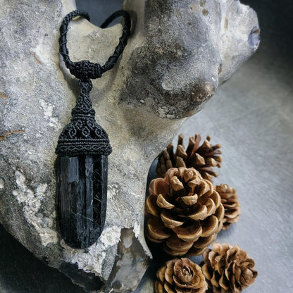 Black Tourmaline Macrame Necklace | Pendant size approx 6.8 cm