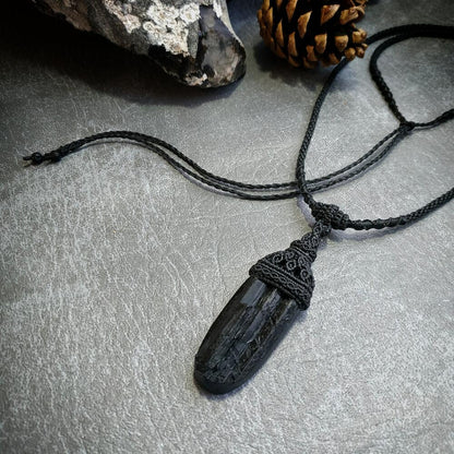 Black Tourmaline Macrame Necklace | Pendant size approx 6.8 cm