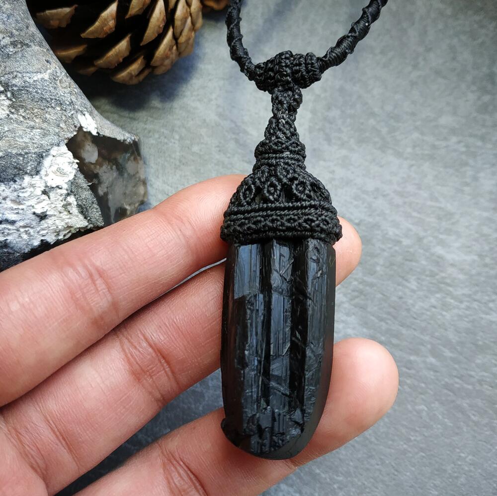 Black Tourmaline Macrame Necklace | Pendant size approx 6.8 cm
