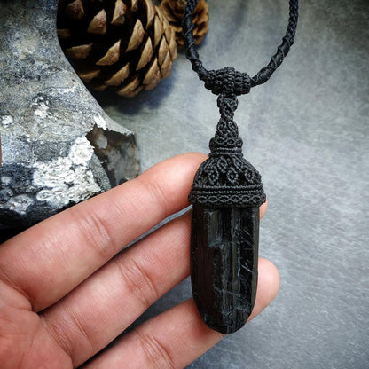 Black Tourmaline Macrame Necklace | Pendant size approx 6.8 cm