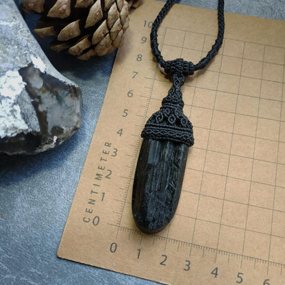 Black Tourmaline Macrame Necklace | Pendant size approx 6.8 cm