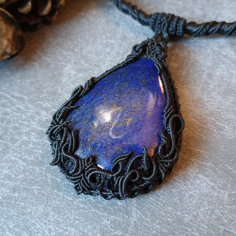 The Magic Blue | Lapis Lazuli Macrame Necklace | Freehand Design | Pendant size approx 7.4 cm